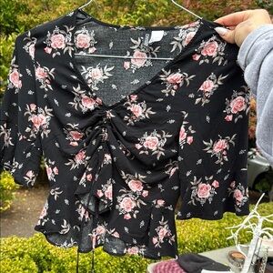 H&M Black and Pink Floral Blouse